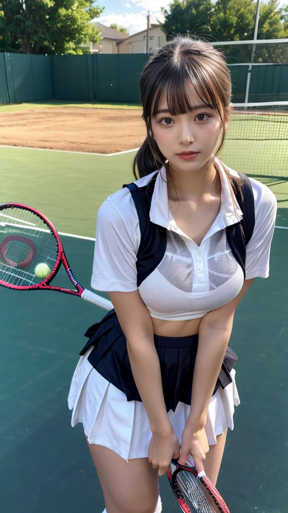 masterpiece, best quality, illustration, Super detailed, fine details, High resolution, 8K,wall paper, perfect dynamic composition, front view, standing, 18 year old girl, tennis player, Gravure Idol, cute type, (Details High quality, realistic depiction of eyes:1.3), (Colossal tits:1.2), expresses the roundness and softness of your chest., low ponytail, bangs, black hair color, Dark makeup, Big Natural Color Lip, thick thighs, perfect body shape, plump figure, large hips, beautiful clavicle, white tennis uniform, short sleeve, shirt, skirt, socks, tennis shoes, depth of fields, natural lighting