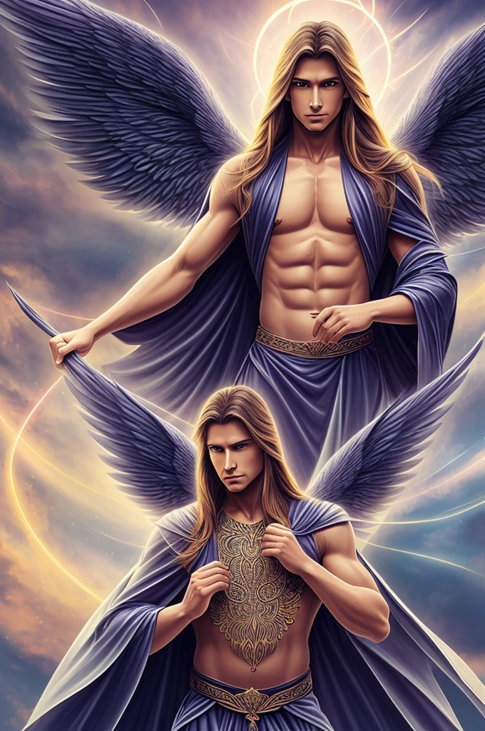 Male angel with long hair, big wings, aura, flowing clothes, mystical, divine, dark sky, light focusing on the angel