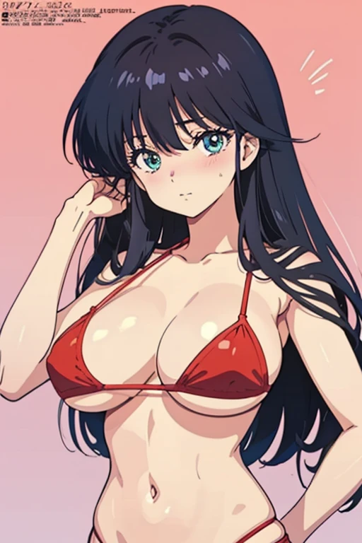 (masutepiece, Best Quality, High resolution:1.5, anime colours, megami magazine:1.2, anime poster style, anime keyvisual, sharp, 8k, photorealistic), (beautiful detailed eyes:1.5, beautiful detailed face:1.2), madoka ayukawa, 1girl, blush, (black hair, Long Hair), (sagging huge breasts), (red bikini), upper body, (Perfect detailed Anatomy, beautiful detailed hair, beautiful detailed body:1.2, shiny skin), (thick outline, Beautiful outlines, black outlines), simple background