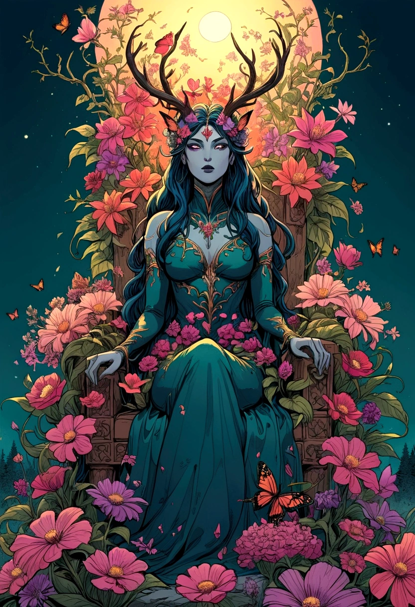 illustrate, splash page comic, 90's action cinematic, throne of power, maximal power, flourishing flowers in bloom throne, throne made of flowers and vines, rewilding, entropy, Flower feminine wendigo, wendigo features, resembles wendigo, wendigo facial features, flower horns, floating meditating seated on throne, flower hand drawn color, ink the style of sean gordon murphy and joelle jones, comic drawing, rare flowers, delicate petals, highly detailed flowers, garden, highly detailed trees and face, flower costume, detailed line art. color palette, evening dusk sunset, foreground butterflies and hummingbirds, colorful flower garden, dream garden, gardens under which rivers flow, beautiful gardens of everlasting bliss, vibrant botanical, tranquility