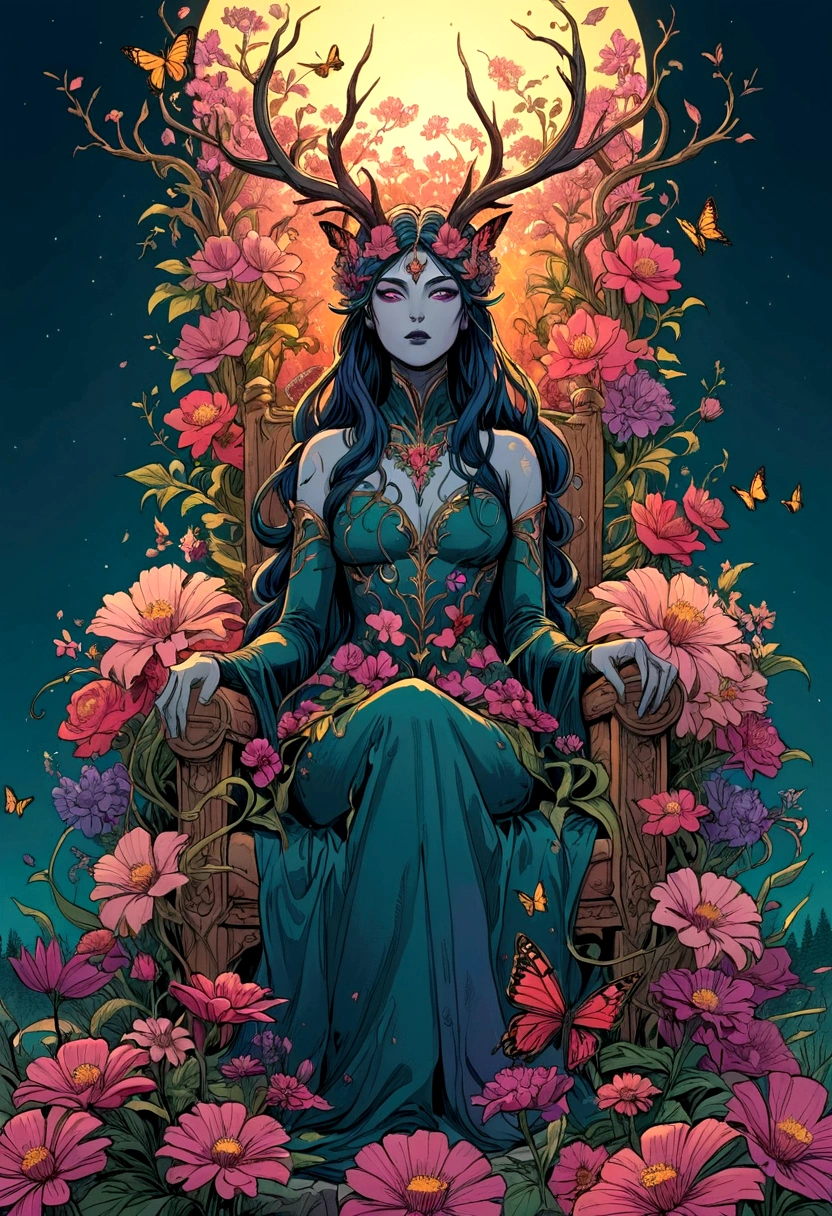 illustrate, splash page comic, 90's action cinematic, throne of power, maximal power, flourishing flowers in bloom throne, throne made of flowers and vines, rewilding, entropy, Flower feminine wendigo, wendigo features, resembles wendigo, wendigo facial features, flower horns, floating meditating seated on throne, flower hand drawn color, ink the style of sean gordon murphy and joelle jones, comic drawing, rare flowers, delicate petals, highly detailed flowers, garden, highly detailed trees and face, flower costume, detailed line art. color palette, evening dusk sunset, foreground butterflies and hummingbirds, colorful flower garden, dream garden, gardens under which rivers flow, beautiful gardens of everlasting bliss, vibrant botanical, tranquility