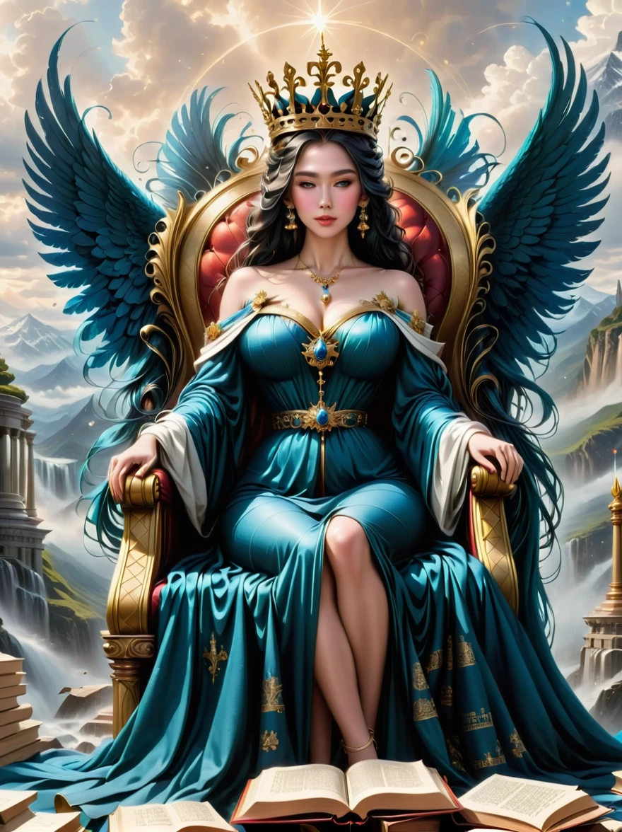 A grand image of a regal figure sitting on a gigantic throne, made from oversized dictionaries and ancient tomes. The figure is a woman, dressed in a majestic gown filled with words and phrases written in various fonts. She has a crown on her head, studded with miniature letter-shaped gems. In her hand, she holds a scepter, the top of which is a golden quill. Happily presiding over an expansive kingdom fullfilling of turreted libraries, with rivers made from flowing blue ink, hills of hardcover books, and an atmosphere of letters floating like snowflakes