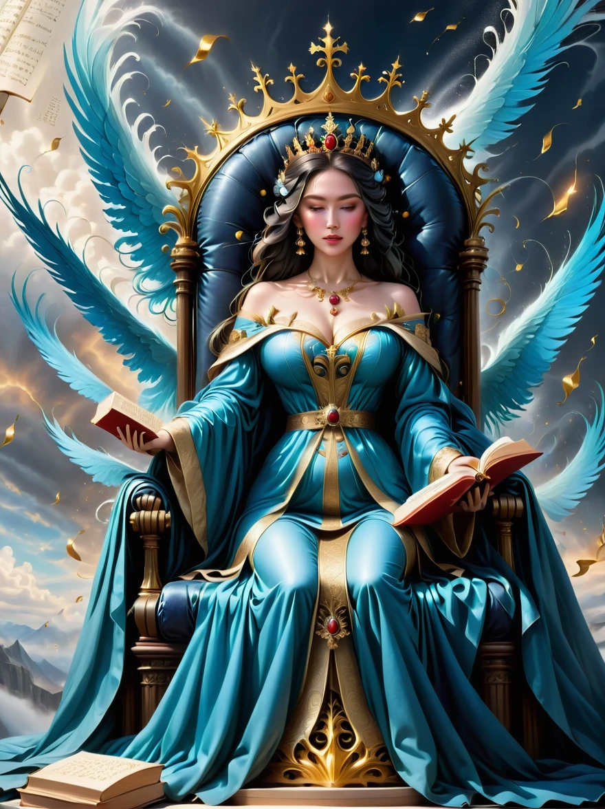 A grand image of a regal figure sitting on a gigantic throne, made from oversized dictionaries and ancient tomes. The figure is a woman, dressed in a majestic gown filled with words and phrases written in various fonts. She has a crown on her head, studded with miniature letter-shaped gems. In her hand, she holds a scepter, the top of which is a golden quill. Happily presiding over an expansive kingdom fullfilling of turreted libraries, with rivers made from flowing blue ink, hills of hardcover books, and an atmosphere of letters floating like snowflakes