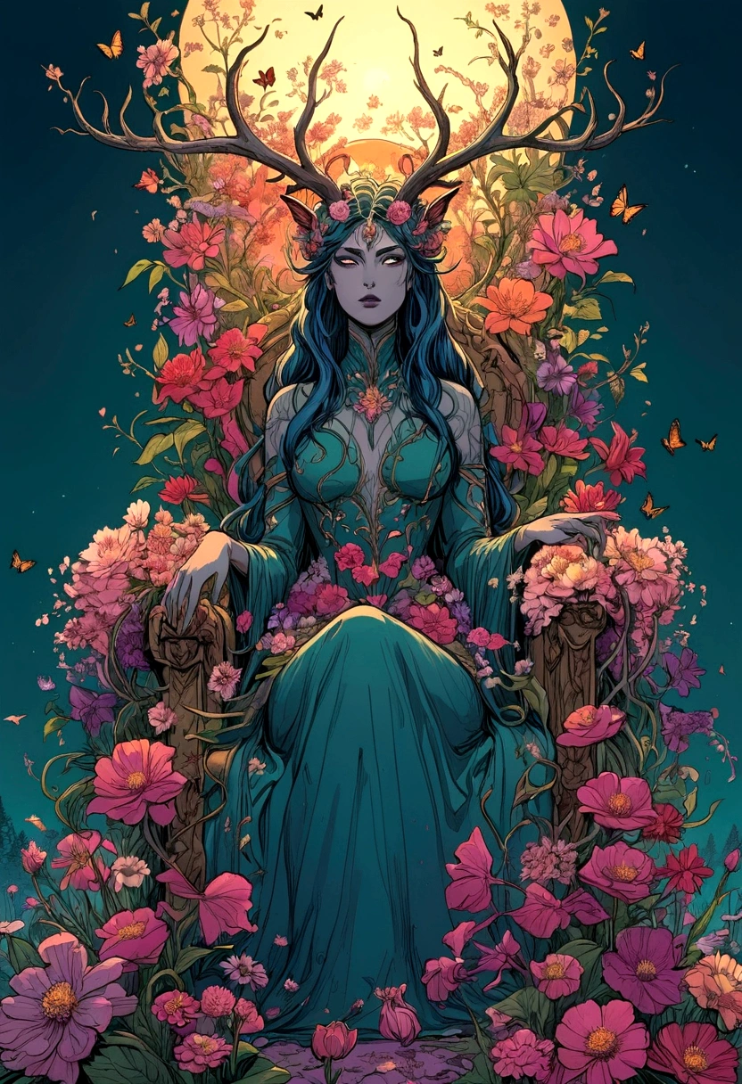 illustrate, splash page comic, 90's action cinematic, throne of power, maximal power, flourishing flowers in bloom throne, throne made of flowers and vines, rewilding, entropy, Flower feminine wendigo, wendigo features, resembles wendigo, wendigo facial features, flower horns, floating meditating seated on throne, flower hand drawn color, ink the style of sean gordon murphy and joelle jones, comic drawing, rare flowers, delicate petals, highly detailed flowers, garden, highly detailed trees and face, flower costume, detailed line art. color palette, evening dusk sunset, foreground butterflies and hummingbirds, colorful flower garden, dream garden, gardens under which rivers flow, beautiful gardens of everlasting bliss, vibrant botanical, tranquility