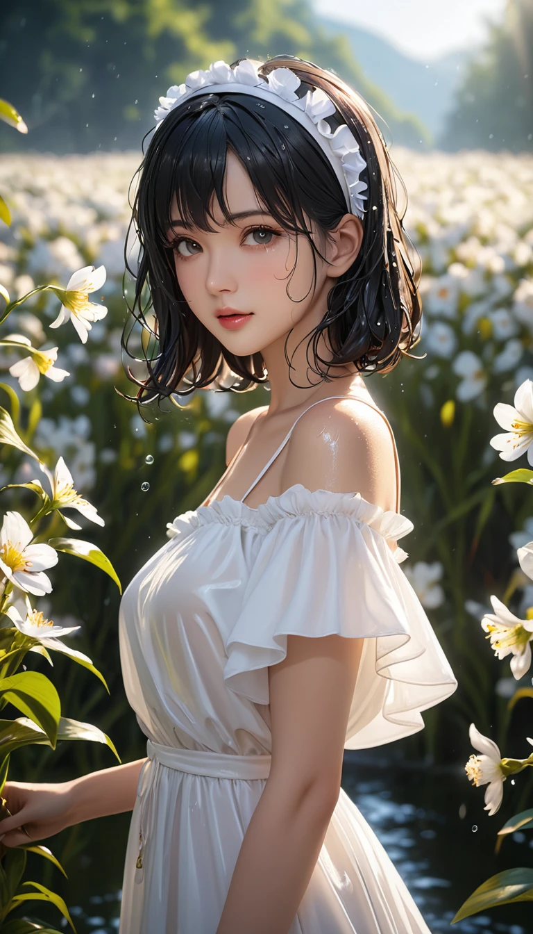 (((masterpiece))),Highest quality,figure,4k wallpaper,Cinema Lighting,Absurd,1 Girl,春 flower,in spring,Black Hair,Shiny Hair,Long Bob,curl,White dress clothes,Frills,race,Wet clothes,Leave_shoulder,hair band,masterpiece,Absurd,Beautiful Face,Features,Natural light,Soft Light,(Seven-part combination),amazing,Dreamy and magical,mystery,