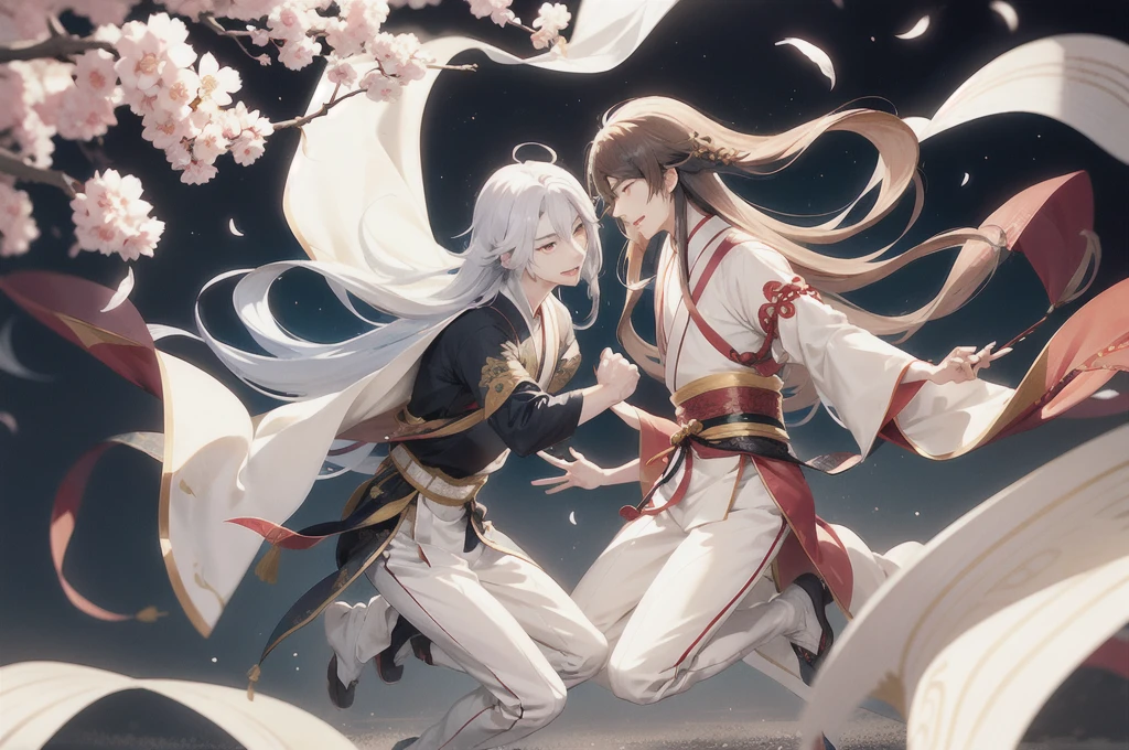 Two oriental men in gorgeous Hanfu，Long hair flying，Immortal&#39;s Appearance，Full body medium shot，Staring at each other firmly，Ethereal beauty，Heavenly Wonderland，The palace gardens shrouded in mist，Soft lighting，Exquisite details。 Traditional Chinese illustration style, The art of math, Dreamy background, masterpiece, best quality, Extremely detailed, high quality, 4K，