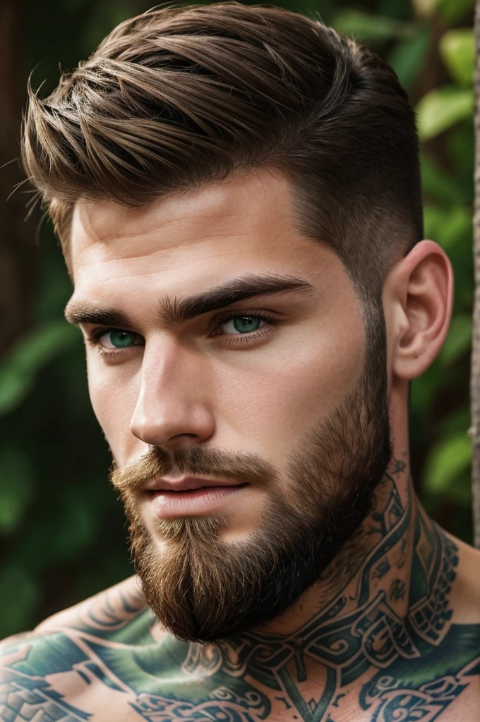 Handsome man, with a marked jaw, Brown hair, White, green eyes, bushy eyebrows, short beard, full lips, tattooed