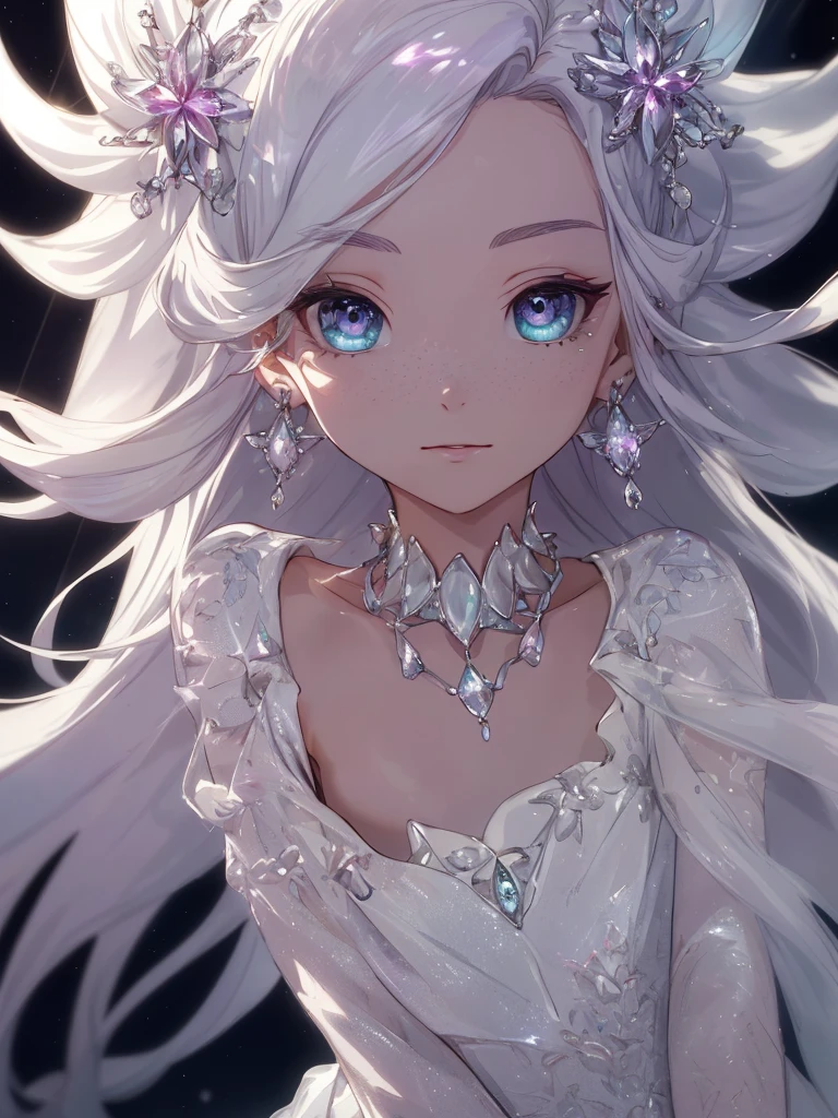 masterpiece, highest quality, figure, alexandrite eyes and hair, platinum earrings, Platinum Necklace, white dress, The Little Mermaid, cute, (dynamic lighting:1.2), cinematic lighting, delicate features, fine eyes, sharp pupils, realistic student, Depth of bounds written, Bokeh, sharp focus, (very detailed, bloom, shine:1.4), Many Small Gems