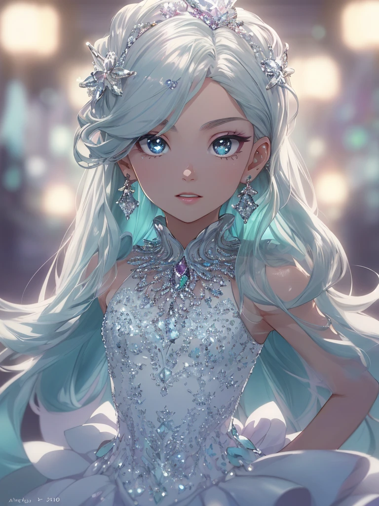 masterpiece, highest quality, figure, alexandrite eyes and hair, platinum earrings, Platinum Necklace, white dress, The Little Mermaid, cute, (dynamic lighting:1.2), cinematic lighting, delicate features, fine eyes, sharp pupils, realistic student, Depth of bounds written, Bokeh, sharp focus, (very detailed, bloom, shine:1.4), Many Small Gems