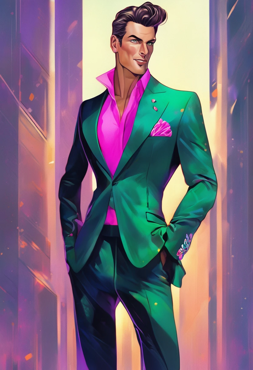 Fairy, Masculine, tall, slicked back with elegant and modern quiff, middle-aged, front view, tanned, smooth, radiant, healthy skin, bright, navy blue eyes, with highlights, ((wearing purple suit with pink details)), confident smile, mouth semi-open, relaxed expression, orange and brown hair, pompadour hairstyle, shiny, detailed, (((navy blue earrings))), elegant, (((black pants))), ((((green tennis shoes)))), many accessories, full body, wearing a motorcycle, modern city background, office building, elegant, illuminated, 8k quality, extremely detailed, masterpiece, high resolution, realistic skin texture, hyper realistic, increase resolution, raw photos, best quality, highly detailed, background screen, cinematic lighting, ray trace, golden ratio, dynamic angle, looking at viewer, in elegant position, best posture, ((full body))