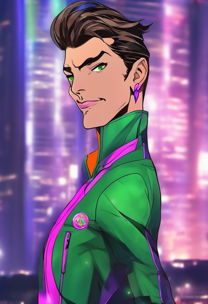 Fairy, Masculine, tall, slicked back with elegant and modern quiff, middle-aged, front view, tanned, smooth, radiant, healthy skin, bright, navy blue eyes, with highlights, ((wearing purple suit with pink details)), confident smile, mouth semi-open, relaxed expression, orange and brown hair, pompadour hairstyle, shiny, detailed, (((navy blue earrings))), elegant, (((black pants))), ((((green tennis shoes)))), many accessories, full body, wearing a motorcycle, modern city background, office building, elegant, illuminated, 8k quality, extremely detailed, masterpiece, high resolution, realistic skin texture, hyper realistic, increase resolution, raw photos, best quality, highly detailed, background screen, cinematic lighting, ray trace, golden ratio, dynamic angle, looking at viewer, in elegant position, best posture, ((full body))