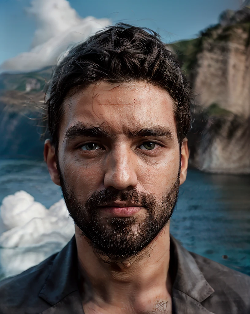 breathtaking selfie (Fares Fares) on a cliff, Fjords in background, award winning, professional, studio light, natural lighting, 4k uhd, dslr, soft lighting, high quality, Fujifilm XT3