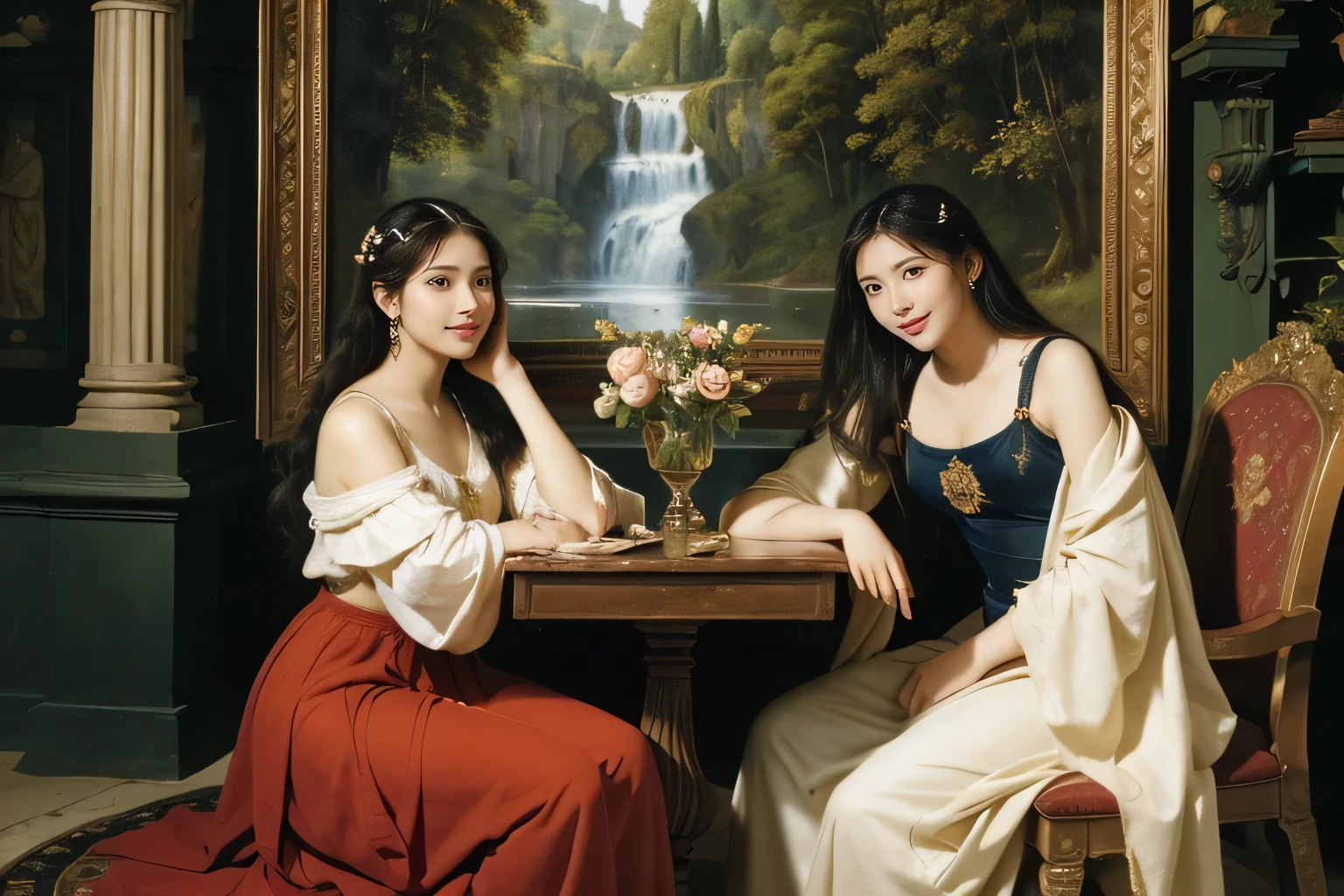 Giorgione painting style,Arguments of two female Philosophe,math、astronomical machine、astronaut、roses in vase、fruits、Cute trinkets、smile、ancient greek costume、Background is a forest lake at night 、Clothes that stretch your shoulders、A big smile、