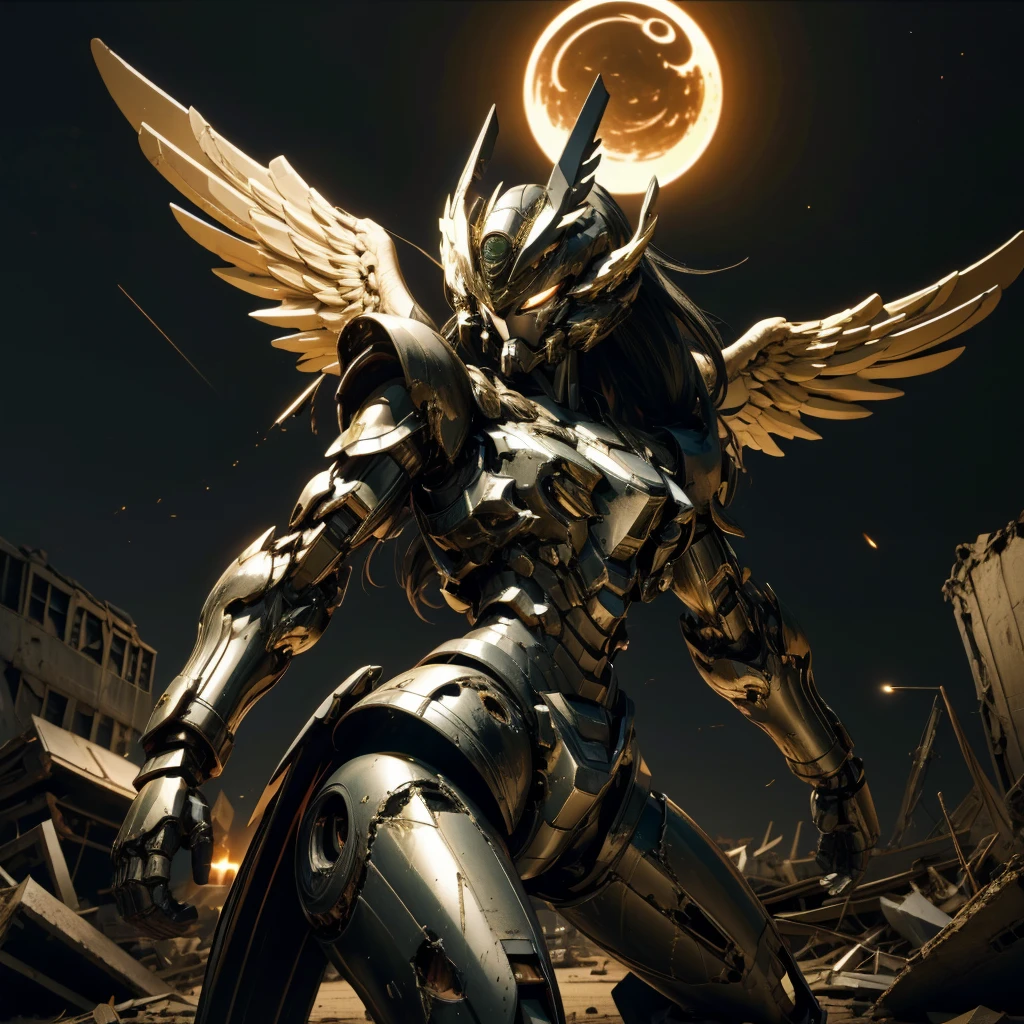 female mecha wings of angel, in black armor, in a destroyed city, the night, with an eclipse in the background