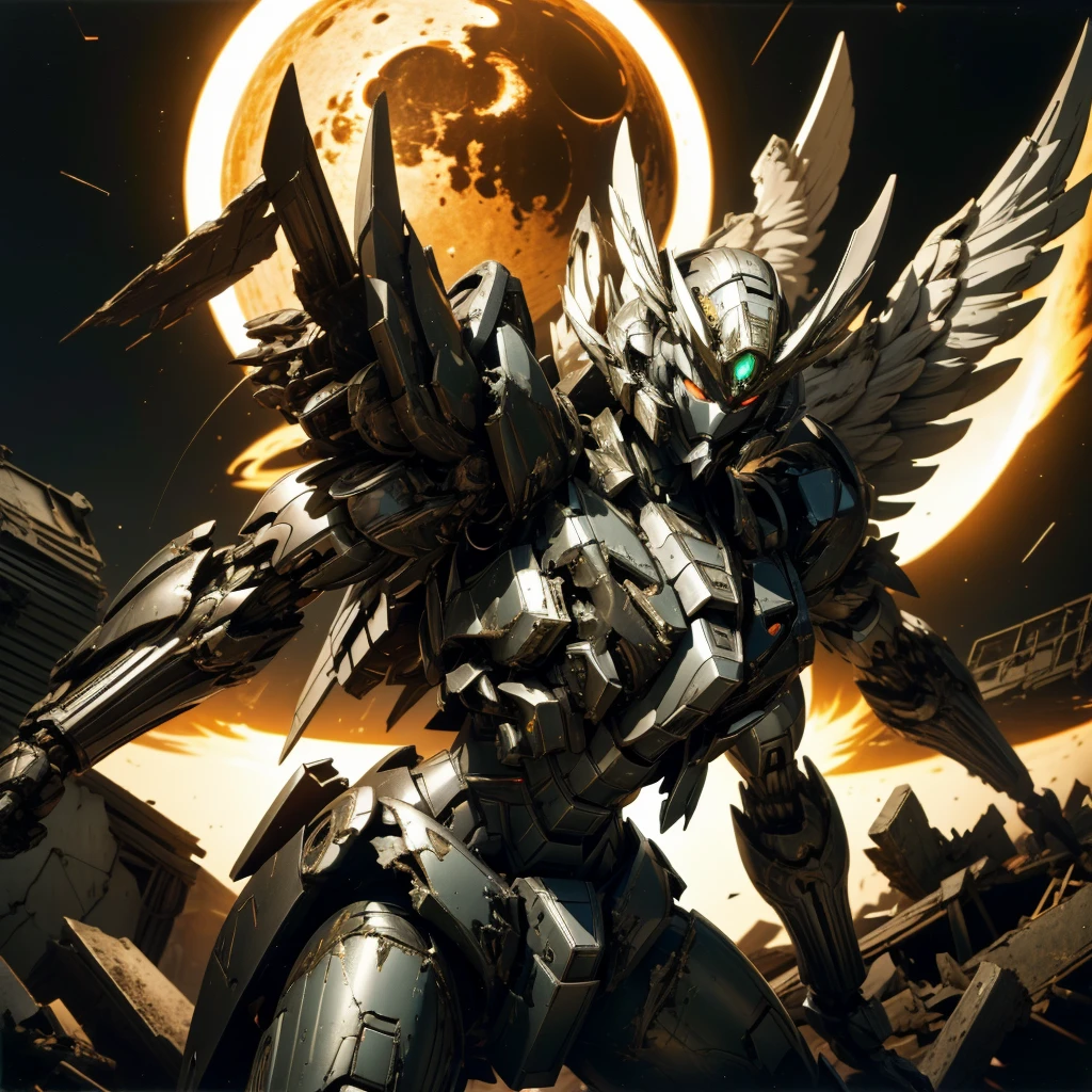 female mecha wings of angel, in black armor, in a destroyed city, the night, with an eclipse in the background