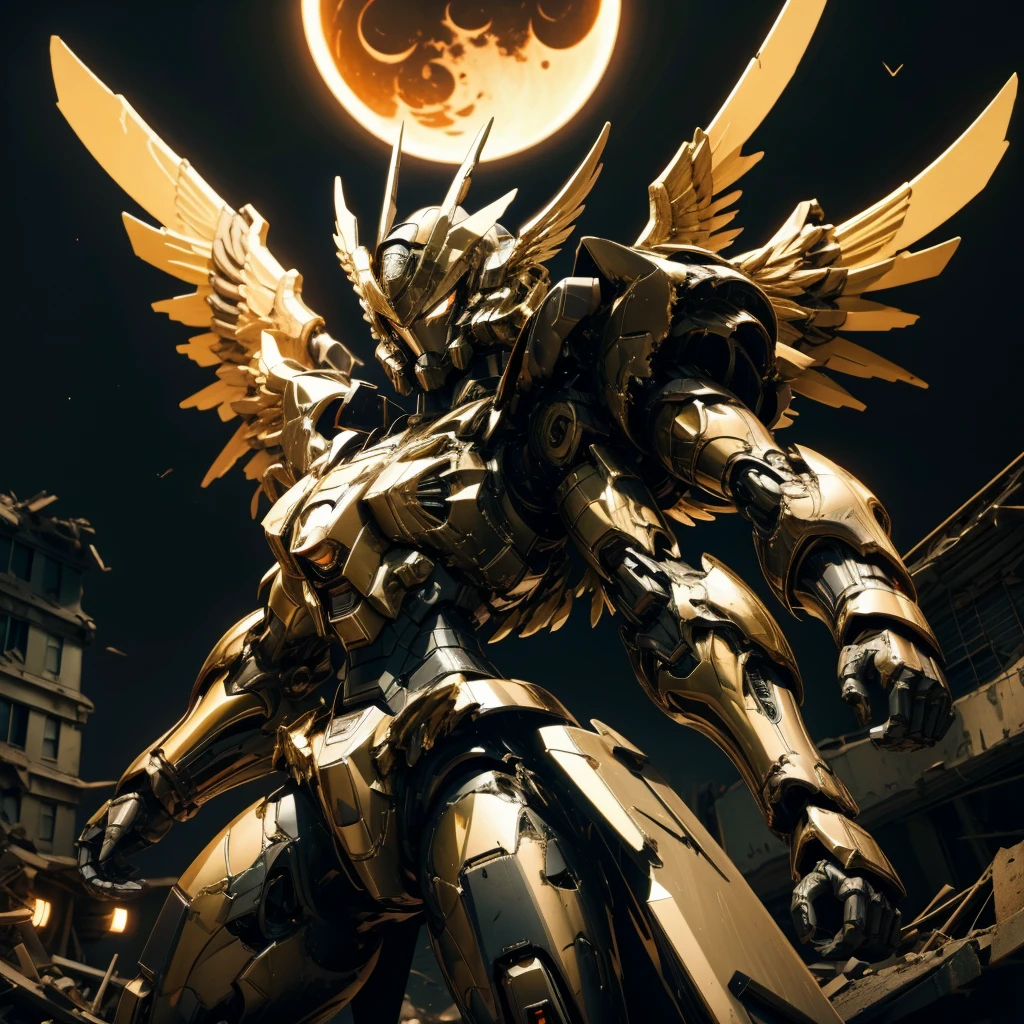 female mecha wings of angel, in black armor, in a destroyed city, the night, with an eclipse in the background