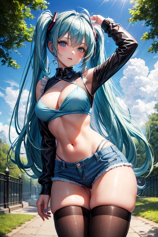 (Masterpiece), (Best Quality), (4k resolution), (Anatomy; perfect), Personaje Hatsune Miku, 1 Adult Girl, clear skin, Blue eyes, (big blue fur), (Locks, hits), by the knotted sides, (light effects on hair), Eyebrow, nose, ear, boca, lips, cropped blouse, denim shorts, tight stockings, (big chest), (perfect belly), (perfect waist), thick legs, thick thigh, background landscape, in the park, beautiful day, Turning on, looking at the viewer