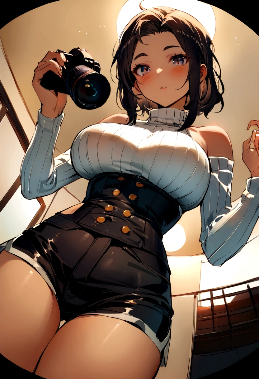 (), big ,(masterpiece), Highest quality, Very detailed, (watercolor), bloom, Delicate and beautiful, figure, (From below),(One girl:1.4), (alone:1.2), Large Breasts, (Ribbed sweater:1.3), Off-the-shoulder sweater, (Short shorts:1.2), Bare shoulders, (Underbust), ((Dark Skin:0.8)), Beautiful Eyes, (Disheveled Hair ), photograph, Over the shoulder shot, Alex Maleev, Professional, Canon Camera, Nikon Camera, sharp, Bokeh, Studio Quality, Fisheye Lens, Robert Capa ,Her breasts are about to be seen