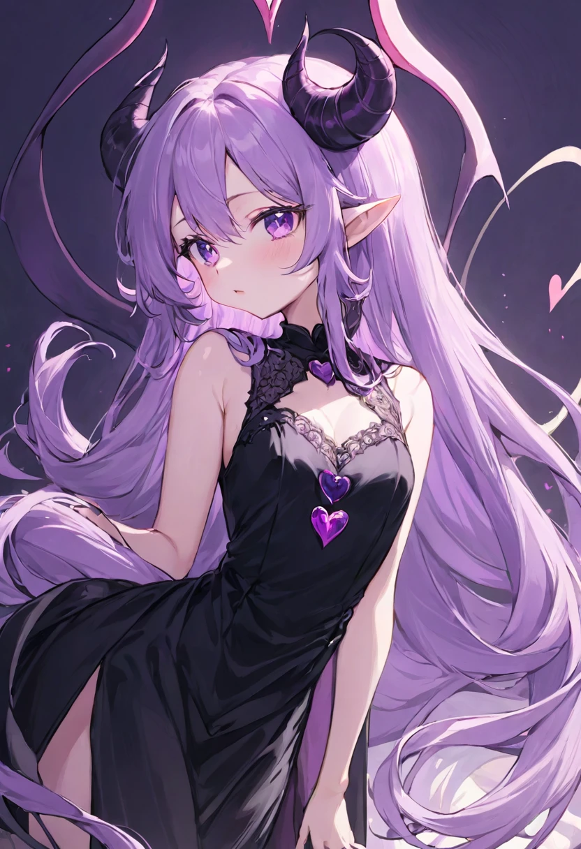 ((Highest quality)), ((masterpiece)), (detailed), 1 girl, light purple hair, long hair, purple eyes, black dress, succubus, horns on head, tail, heart at the end of the tail, cute, upper body