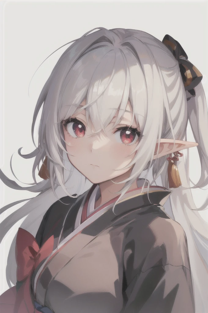 Elf,Black,Red eyes,Silver Hair,Expressionless,Anime girl in kimono, Anime Style 4k, Detailed portrait of an anime girl, Detailed digital anime art, Anime Girl Portrait, Anime Girl Portrait, Beautiful anime portraits, Stunning Anime Face Portraits