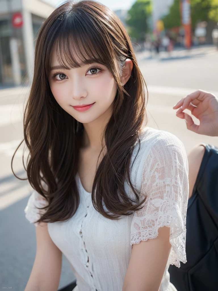 masutepiece, Best Quality, Illustration, Ultra-detailed, finely detail, hight resolution, 8K Wallpaper, Perfect dynamic composition, Beautiful detailed eyes, Women's Fashion Summer,Medium Hair,Small breasts natural color lip, Bold sexy poses,Smile,Harajuku、20 years girl、Cute、Sexy shot looking at camera