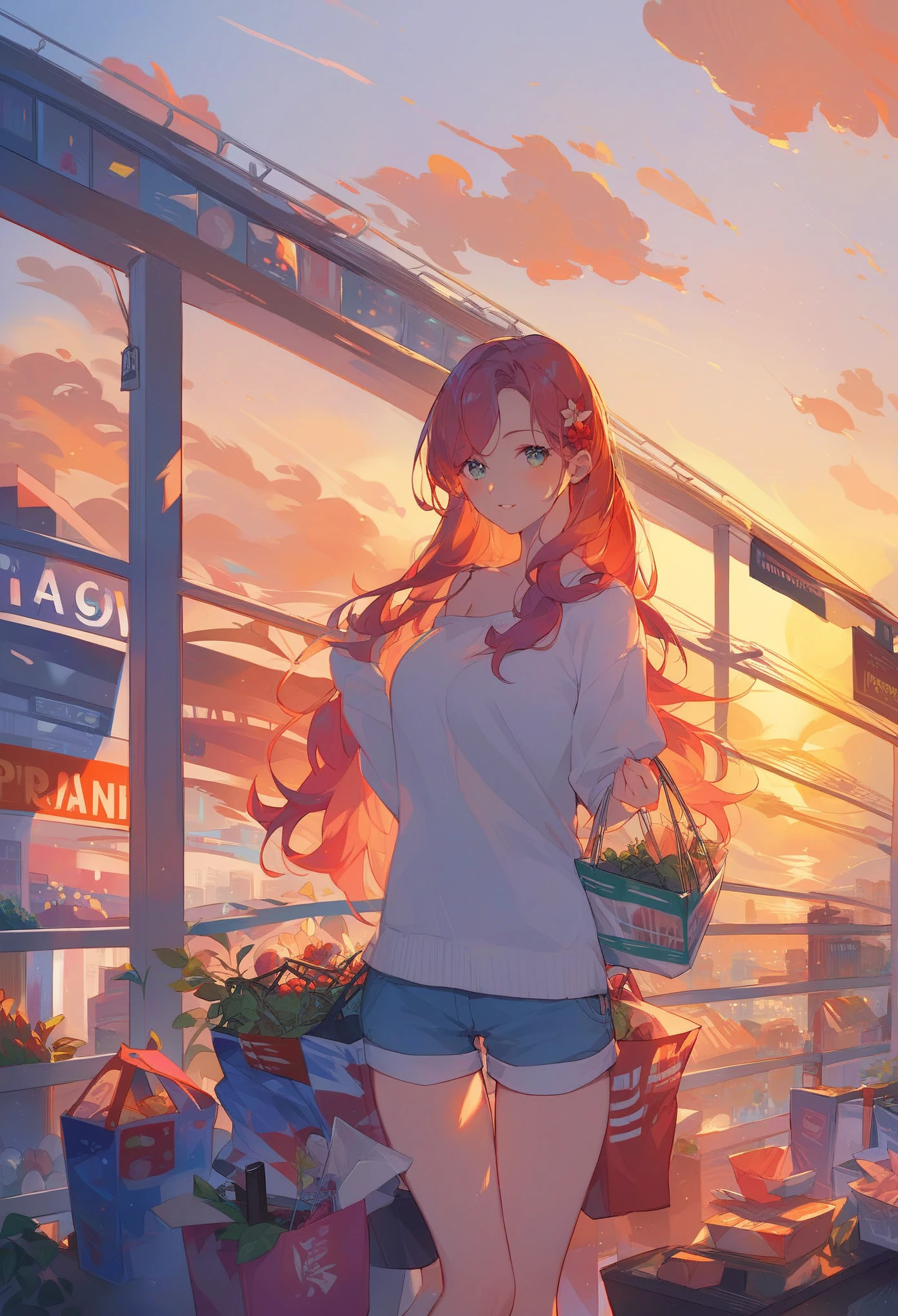 score_9,score_8_up,score_7_up,source_アニメ,Sunset, City, shopping center, Long hair girl