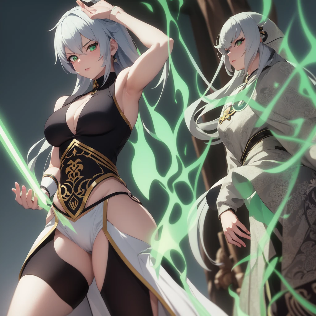 Beautiful asian woman, silver hair, green eyes, cosplay, warrior, sexy, genshin impact, anime style, colorful, cinematic screencap moment, love, perfect saturation and shadows, max details, 