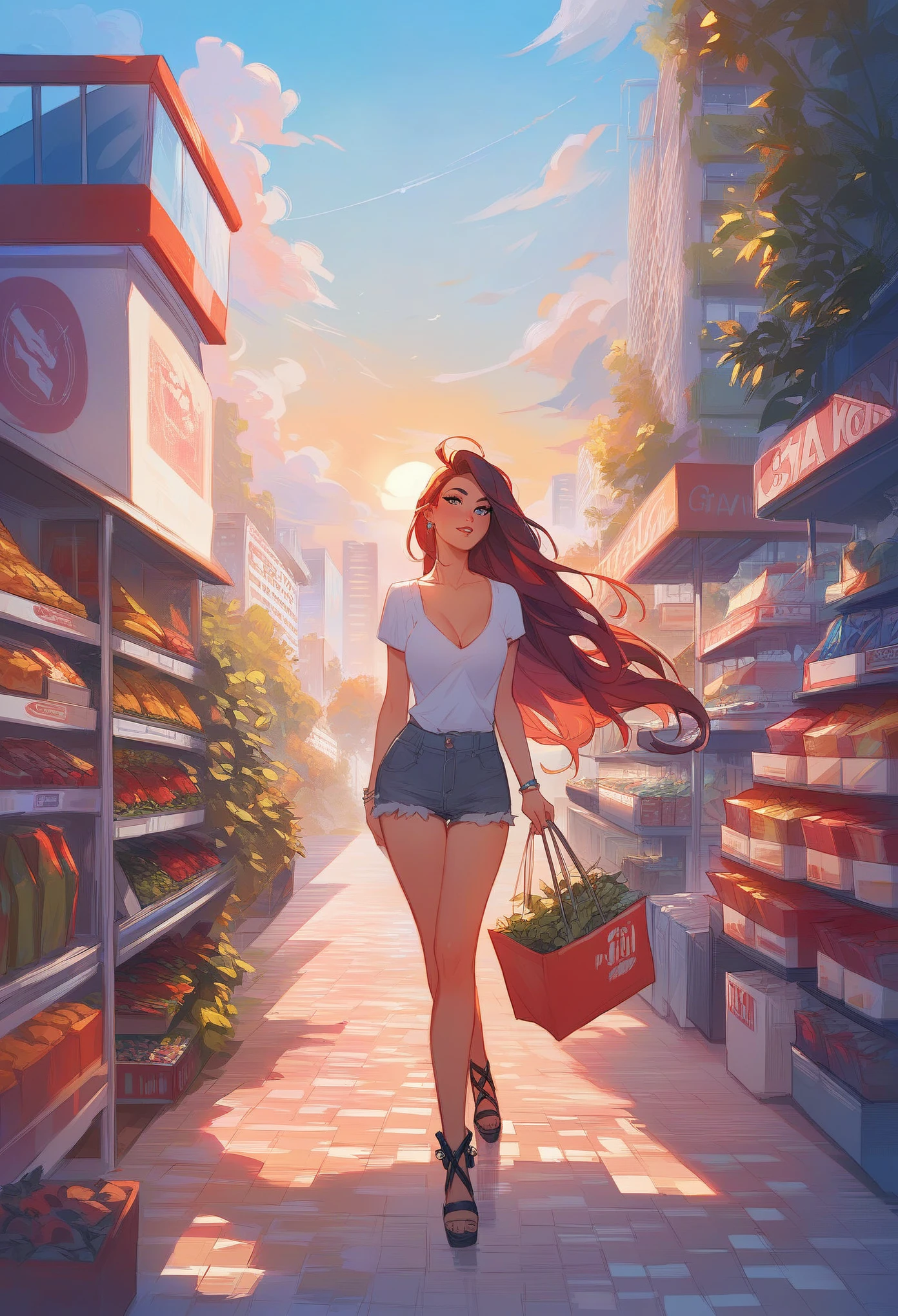score_9,score_8_up,score_7_up,source_アニメ,Sunset, City, shopping center, Long hair girl