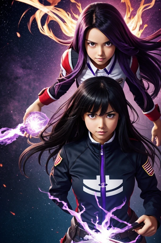 My hero academia wallpaper girl with long black hair with purple tips wearing UA uniform throwing PURPLE fire