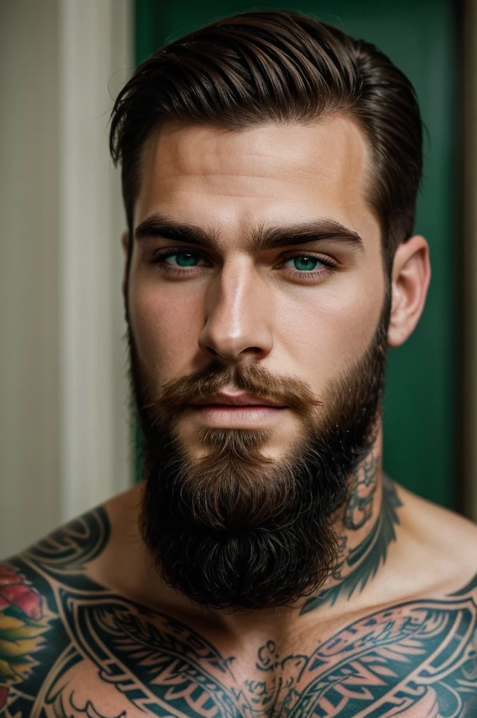 Handsome man, with a marked jaw, Brown hair, White, green eyes, bushy eyebrows, beard only marked, full lips, tattooed