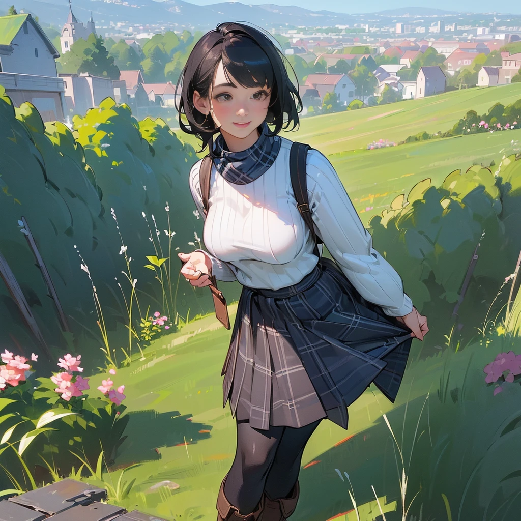(high quality, High resolution, Super detailed, Realistic:1.37), Peaceful atmosphere, (Outdoor, garden), Teenage girl standing alone, (my breasts are big.), Beautifully detailed features, Cute Smile, (Black bob hair), Ribbed sweater, Blue plaid skirt, black tights, Brown boots.