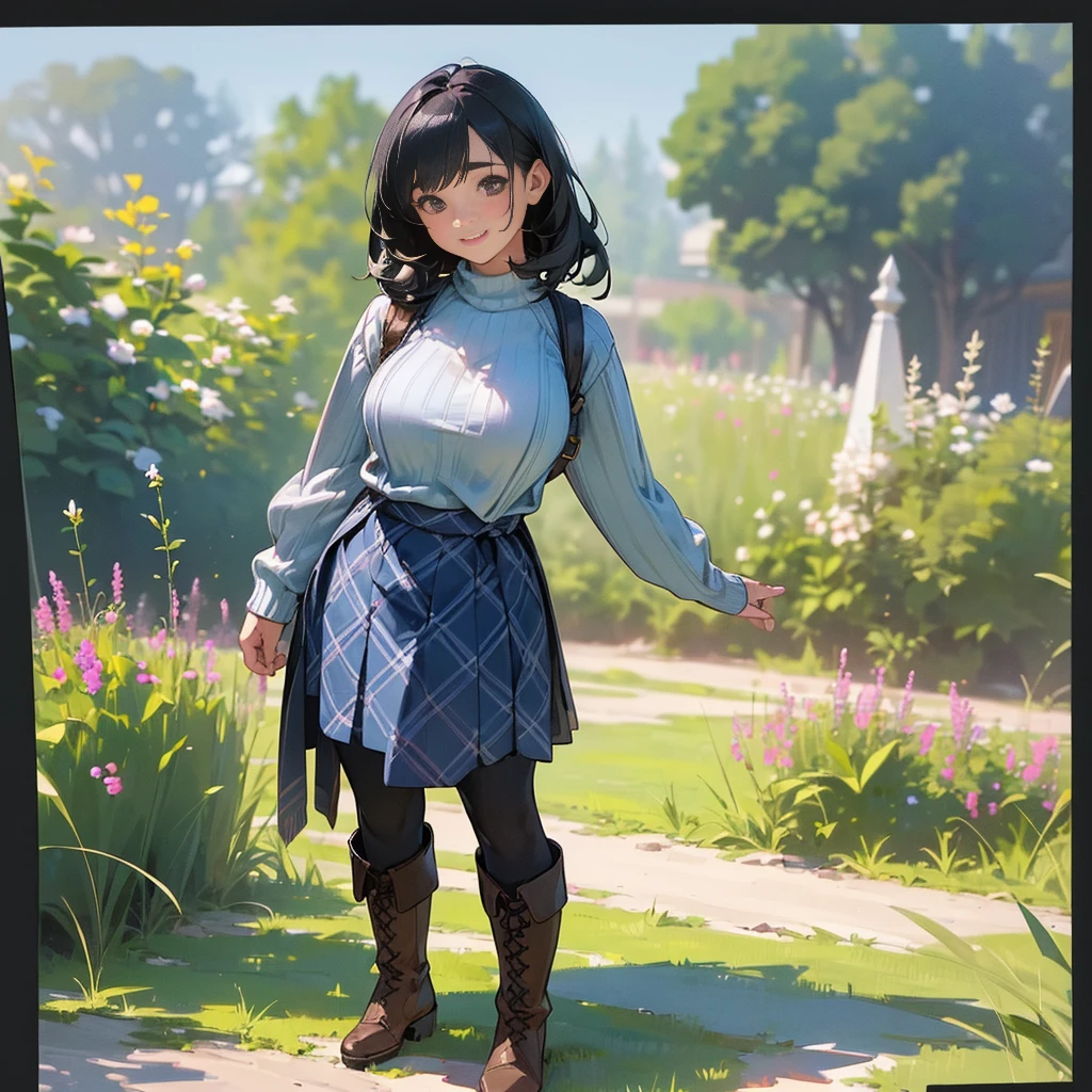 (high quality, High resolution, Super detailed, Realistic:1.37), Peaceful atmosphere, (Outdoor, garden), Teenage girl standing alone, (my breasts are big.), Beautifully detailed features, Cute Smile, (Black bob hair), Ribbed sweater, Blue plaid skirt, black tights, Brown boots.