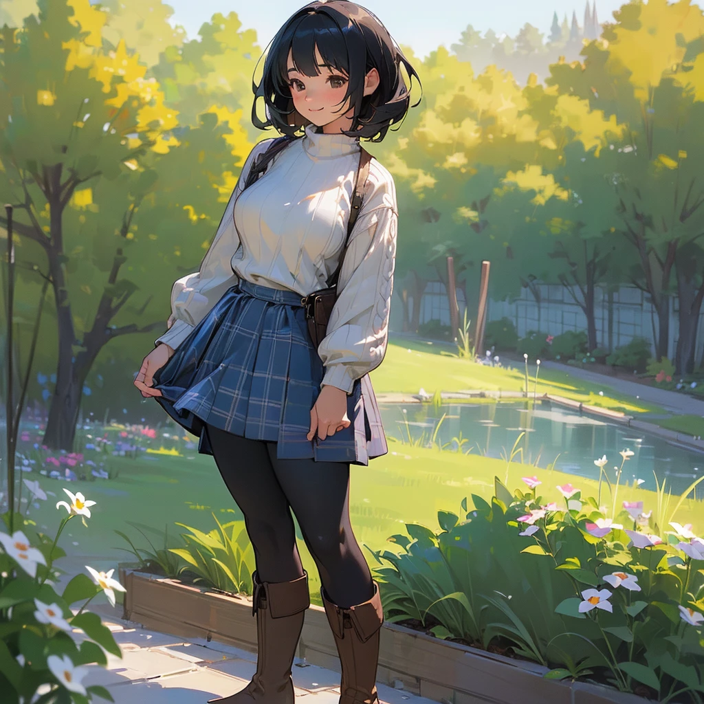 (high quality, High resolution, Super detailed, Realistic:1.37), Peaceful atmosphere, (Outdoor, garden), Teenage girl standing alone, (my breasts are big.), Beautifully detailed features, Cute Smile, (Black bob hair), Ribbed sweater, Blue plaid skirt, black tights, Brown boots.