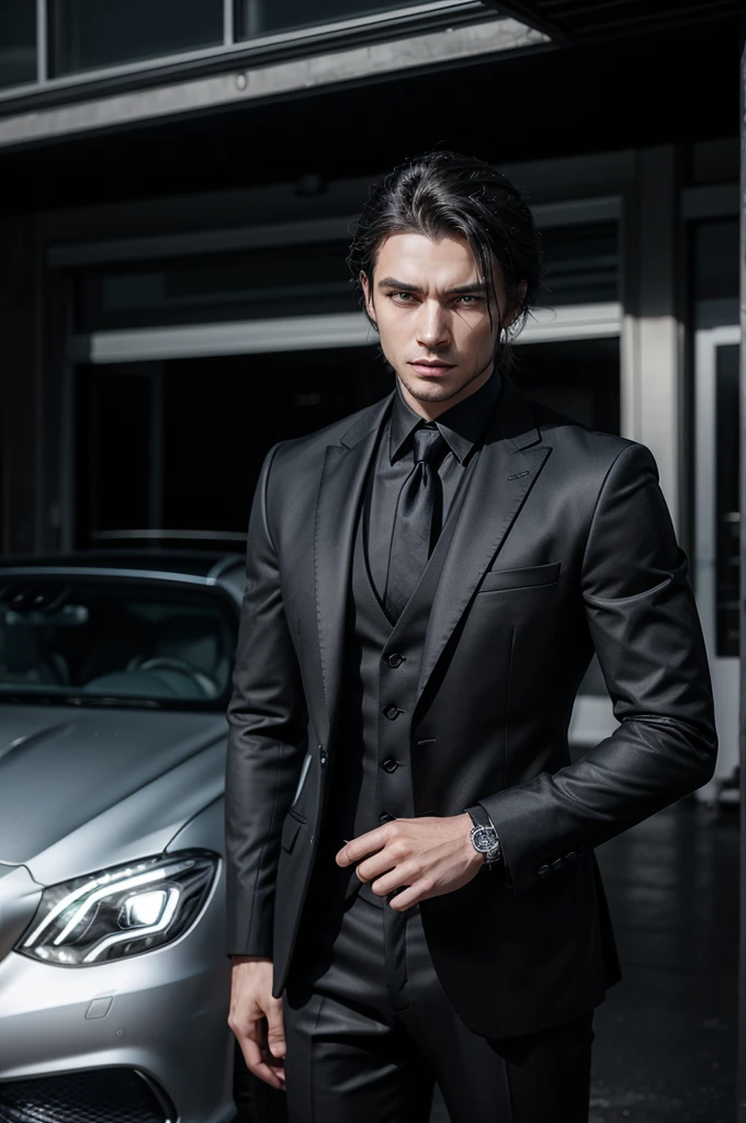 I want a man wearing all black formal clothes, in front of a silver Mercedes super sports car, in a slightly dark environment