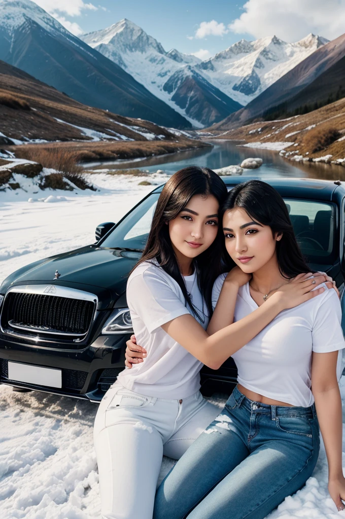 Create a 3D realistic image for a profile picture of a 23-year-old couple sit on river bank with hug each other on snow mountain nearby a rolls royes car near a beautiful mountain and lights. The boy is wearing a white shirt pant . And the girl is wearing a white t shirt and black Jeans . they are looking ahead on front camera . “Prince” and “Riyanshi” are written in large font on car. The beautiful mountain and girl face is hd quality
