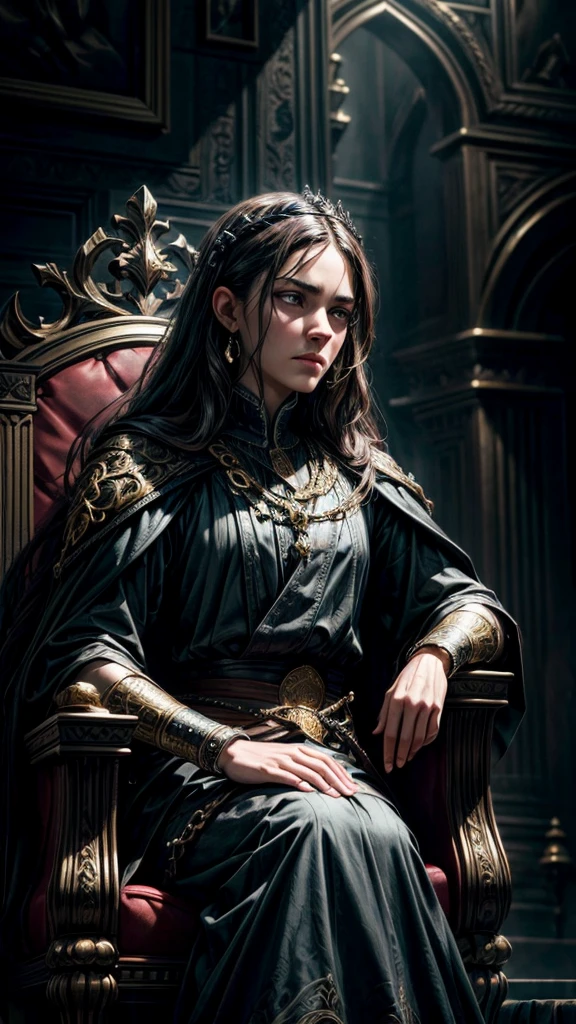 a young ruler sitting on the throne of power, ((a faithful servant)), detailed portrait, oil painting, high fantasy, dark fantasy, dramatic lighting, dramatic atmosphere, cinematic, rich colors, chiaroscuro, Renaissance style, intricate details, ornate throne, regal attire, serious expression, piercing gaze, loyalty, devotion, dramatic shadows, moody, imposing, majestic, masterpiece, best quality, 8k, hyper detailed, photorealistic