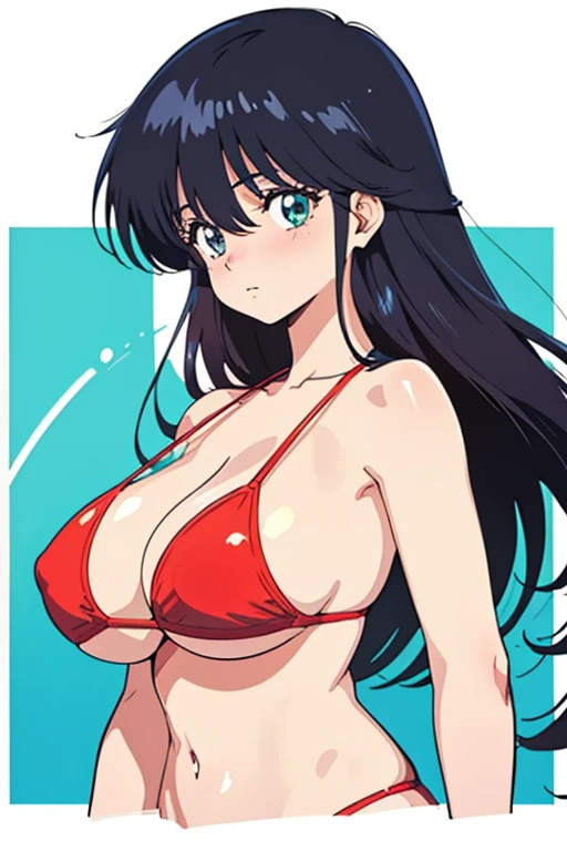 (masutepiece, Best Quality, High resolution:1.5, anime colours, megami magazine:1.2, anime poster style, anime keyvisual, sharp, 8k, photorealistic), (beautiful detailed eyes:1.5, beautiful detailed face:1.2), madoka ayukawa, 1girl, blush, (black hair, Long Hair), (sagging huge ), (red bikini), upper body, (Perfect detailed Anatomy, beautiful detailed hair, beautiful detailed body:1.2, shiny skin), (thick outline, Beautiful outlines, black outlines), simple background
