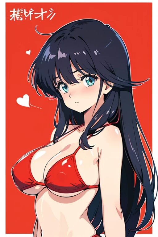 (masutepiece, Best Quality, High resolution:1.5, anime colours, megami magazine:1.2, anime poster style, anime keyvisual, sharp, 8k, photorealistic), (beautiful detailed eyes:1.5, beautiful detailed face:1.2), madoka ayukawa, 1girl, blush, (black hair, Long Hair), (sagging huge breasts), (red bikini), upper body, (Perfect detailed Anatomy, beautiful detailed hair, beautiful detailed body:1.2, shiny skin), (thick outline, Beautiful outlines, black outlines), simple background