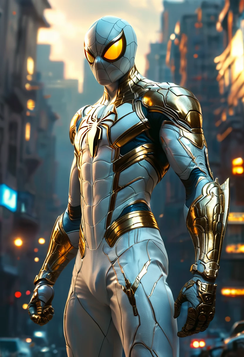 full body shot of spiderman in white and gold armour style suit, no mask on, white cape, looking at center camera, perfect composition, beautiful detailed intricate insanely detailed octane render trending on artstation, 8 k artistic photography, photorealistic concept art, soft natural volumetric cinematic perfect light, chiaroscuro, award - winning photograph, masterpiece, oil on canvas, raphael, caravaggio, greg rutkowski, beeple, beksinski, giger, trending on artstation, sharp focus, studio photo, intricate details, highly detailed, night city background, by greg rutkowski