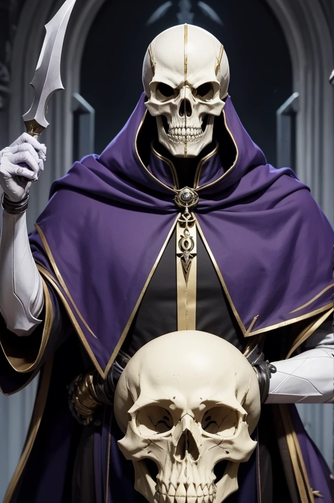 Make the character Ainz Ooal Gown in human form with the skull head, he needs to be between 30 and 40 years old, a powerful lord.