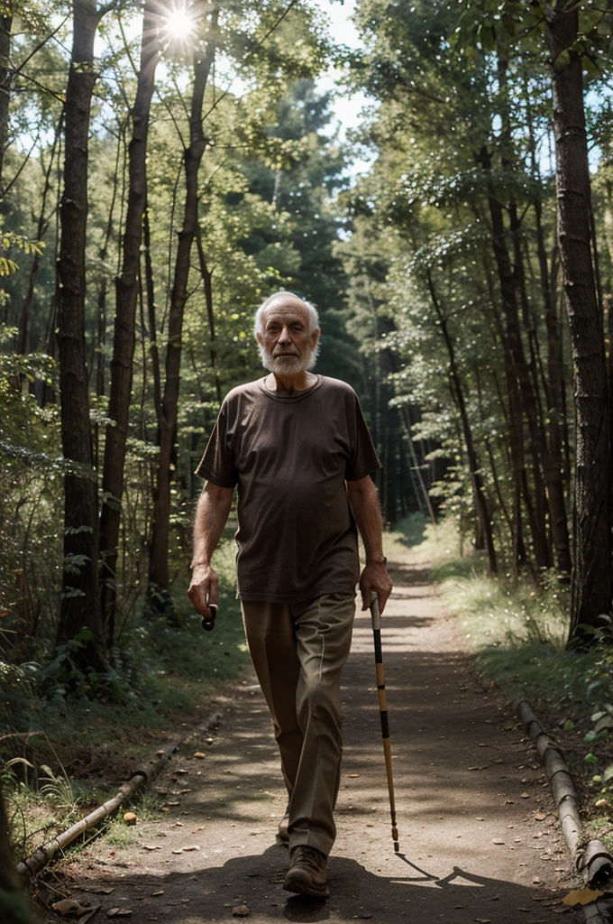 old man with a prosthetic brass arm walking the forest with a walking stick