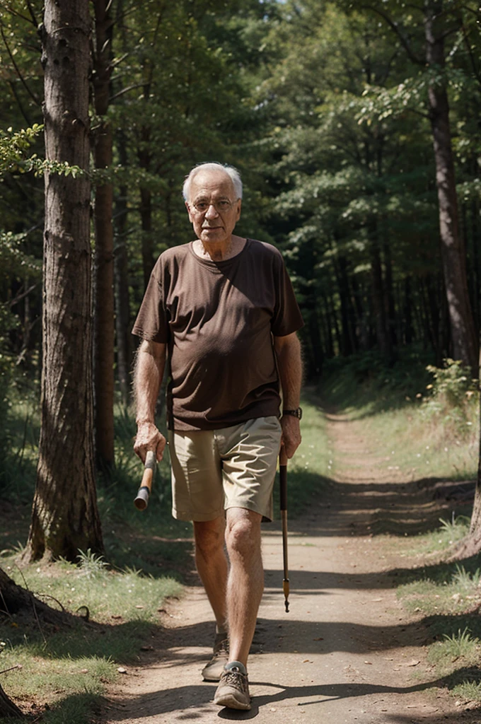 old man with a prosthetic brass arm walking the forest with a walking stick