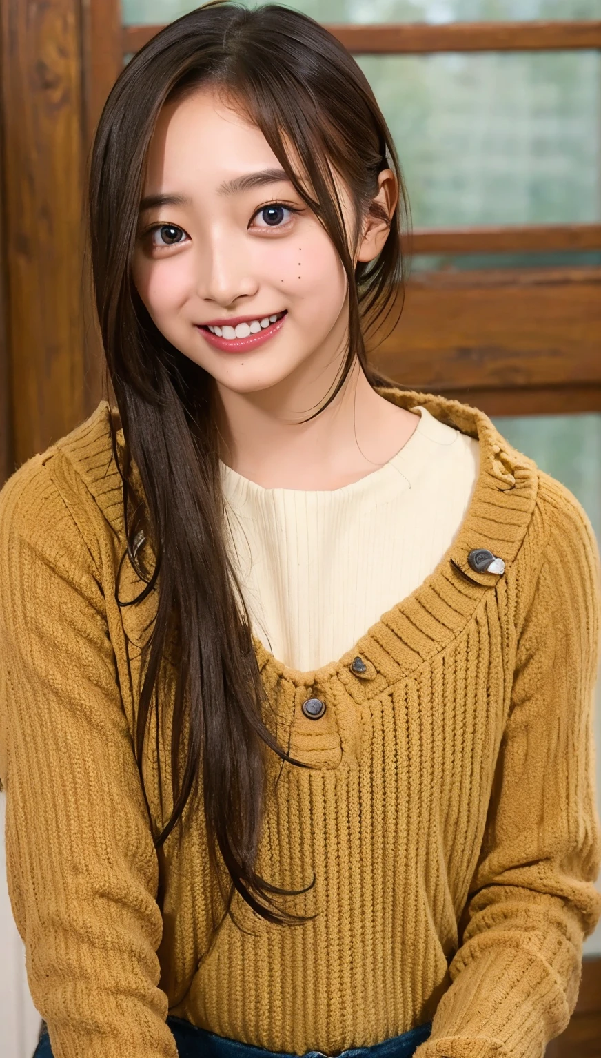 (cowboy shot),Ultra-high resolution,big eyes,(brown eyes),Japanese,(forehead),(a girl),(1 girl),((17 years old)),(cute),pretty,((facing at viewer)),grin