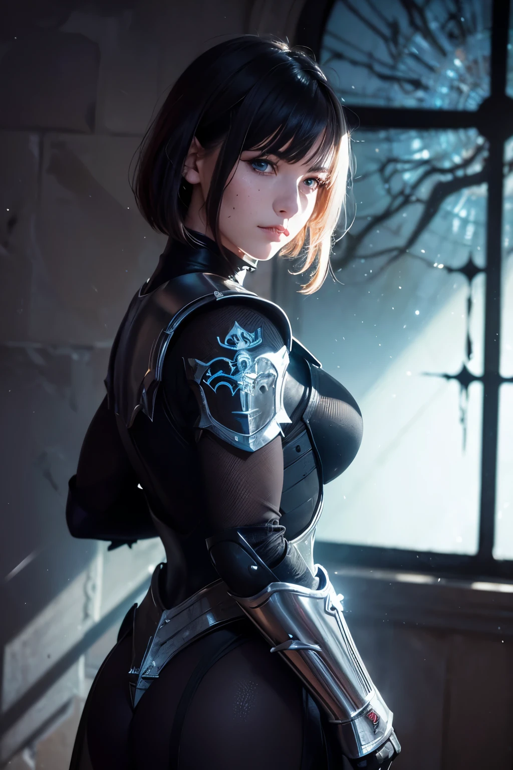 extremely detailed CG unity 8k wallpaper) full shot body photo of a devout sister of battle, portrait, action scene, ((extreme close up:1. 4)), beautiful sister of battle woman holding a standing in front of a stained glass window, (blush), ((air tank on back)), ((fleur de lys armor)), ((fleur de lys face tattoo:1. 2)), ((purity seals on armor)), (bangs), (freckles:0. 9), detailed symmetrical face, ((white hair:1. 4)), (bob cut hair), (ice blue eyes), reflective eyes, dark eyebrows, mascara, makeup, (dark lipstick), (warhammer power armor), ((intricate sisters of battle power armor:1. 2)), (red pelvic curtain:1. 2), ((red armor:1. 4)), sci fi nun armor, ((black armor)) (matte armor), drawn in warhammer 40k style, (vines and ivy), marble walls, dust particles, detailed lighting, rim lighting, dramatic lighting, chiaroscuro, (from side), from above, professional majestic impressionism oil painting by Waterhouse, John Constable, Ed Blinkey, Atey Ghailan, Studio Ghibli, by Jeremy Mann, Greg Manchess, Antonio Moro, trending on ArtStation, trending on CGSociety, Intricate, High Detail, dramatic, makoto shinkai kyoto, trending on artstation, trending on CGsociety
