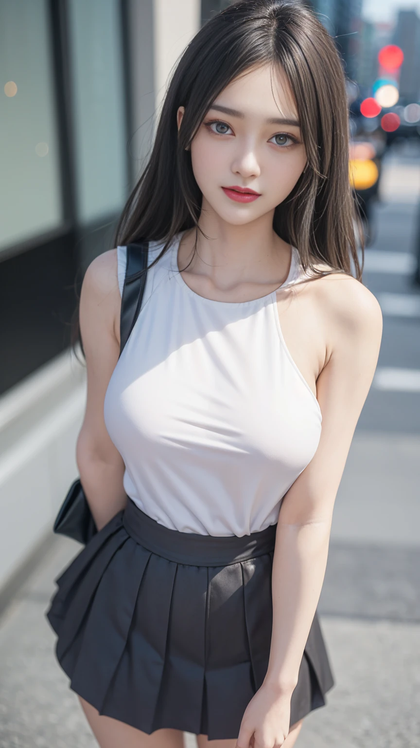 ((1 lady wearing, White Dress)), ((Dark grey pleated skirt)), (Standing on the road)), (Office Uniform), (zoom camera in the crotch, angle from below), looking to the side, very smile, blushing, ((background new york cityscape)), distressed, reluctant, glare, (sexual arousal:1.5, ) , NSFW, 8k, RAW photo, masterpiece, absurdity, top quality, high resolution: 1.1, ultra-detail, hyper-realistic: 1.4, realistic, photorealistic: 1.3, cinema light, film grain, closeup, full body, depth of field, eye focus, young, 85mm lens, f/1.5, Professional lighting, portrait, photon mapping, radiocity, physically based rendering, transparency, soft light, realistic face, realistic body, realistic skin, clean: 1.8, fat body, Grey hair, hairstyle to match the trend of Japan in 2023, big-breast:1.2, blusher, good style, (very dark lip gloss, bright red lipstick, so many eyelashes, blue eyes, pitch black eyeshadow big-breast), company, camel toe, long legs, PureErosFace_V1: 0.8, dynamic pose