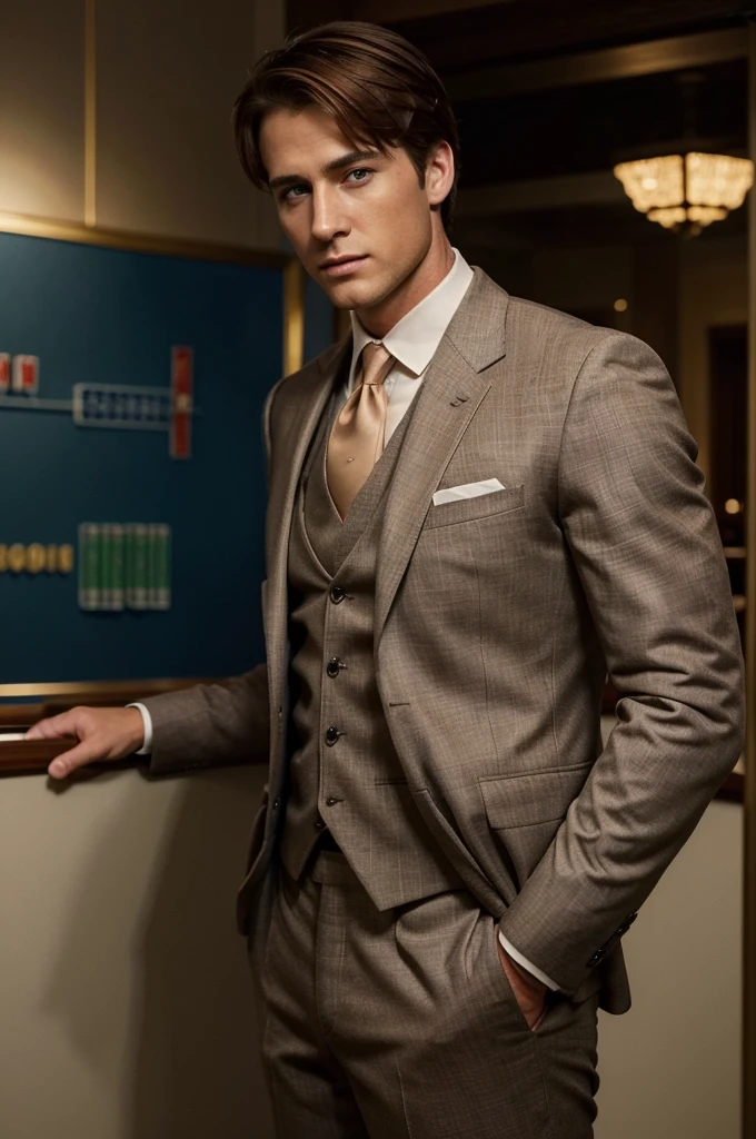 ((best quality)), ((masterpiece)), (detailed), A handsome man named William Duke, with a chiseled jawline, piercing blue eyes, short brown hair, and an athletic build wearing a tailored suit. I'm playing casino