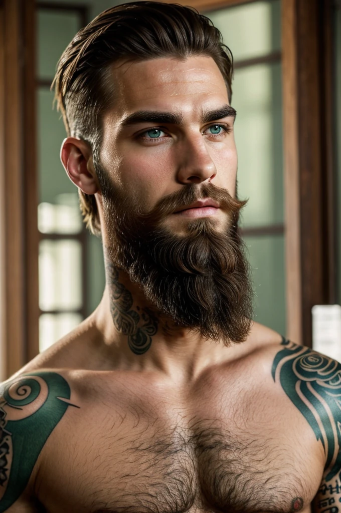 Handsome man, with a marked jaw, Brown hair, White, green eyes, bushy eyebrows, few days beard, full lips, tattooed