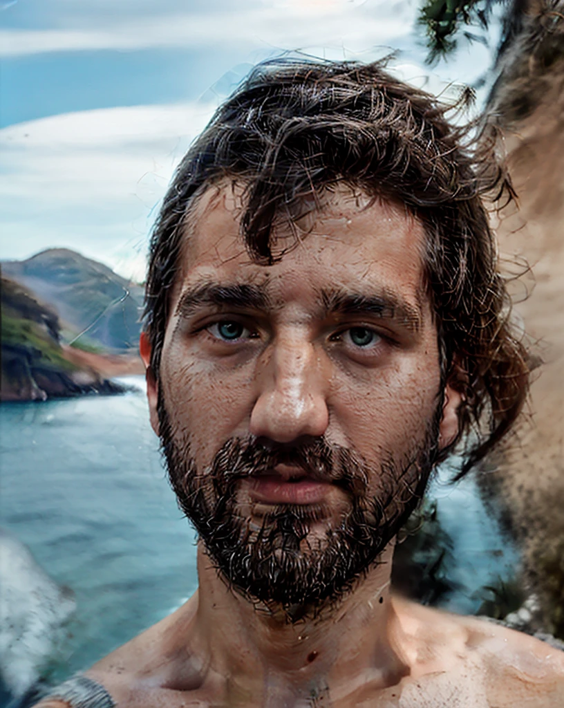 breathtaking selfie (Fares Fares) on a cliff, Fjords in background, award winning, professional, studio light, natural lighting, 4k uhd, dslr, soft lighting, high quality, Fujifilm XT3