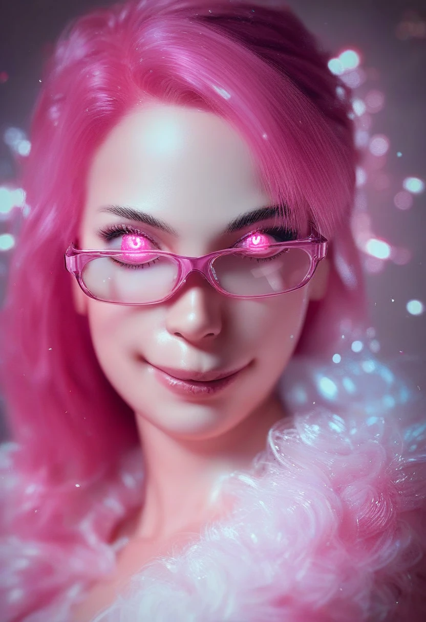 score_9,score_8_up,score_7_up,source_アニメ,, two-tone pantsClose-up of a woman with pink hair wearing glasses, artwork in Gouwez style, Gouwez, Kawaii realistic portrait, Inspired by Cheng Yanjun, glowing pink face, pink girl, Beautiful anime portrait, pink glasses, glowing pink eyes, Realistic anime 3D style, Yanjuncheng, realistic anime artstyle, ((pink)8K