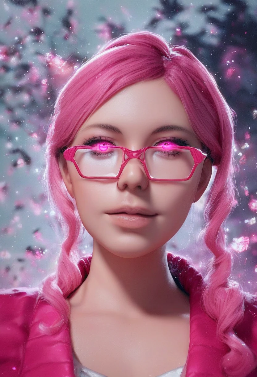 score_9,score_8_up,score_7_up,source_アニメ,, two-tone pantsClose-up of a woman with pink hair wearing glasses, artwork in Gouwez style, Gouwez, Kawaii realistic portrait, Inspired by Cheng Yanjun, glowing pink face, pink girl, Beautiful anime portrait, pink glasses, glowing pink eyes, Realistic anime 3D style, Yanjuncheng, realistic anime artstyle, ((pink)8K